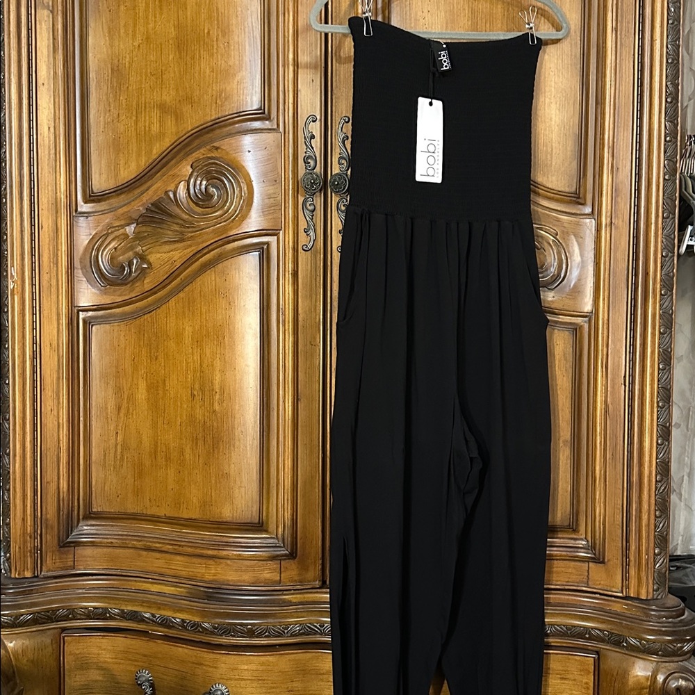 NEW bobi Los Angeles Revolve Black Strapless SlitLeg Smocked Jumpsuit SidePocket - Picture 6 of 15